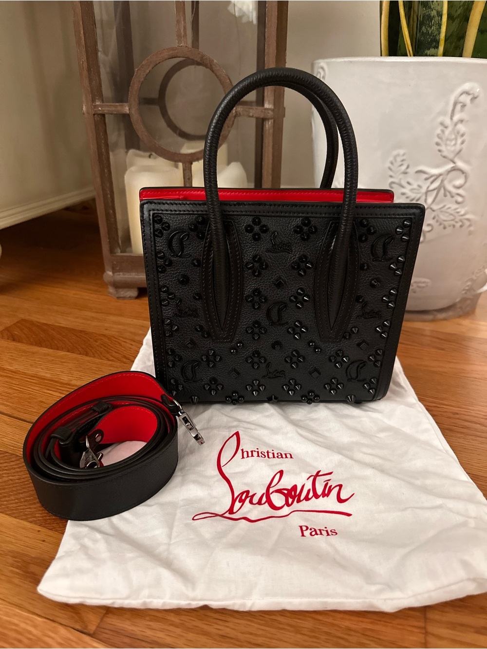 Christian Louboutin Black Leather Studded Satchel with Red Interior Trim